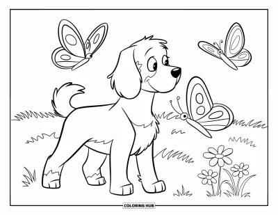 Desen de colorat cu Labradoodle pentru copii: Labradoodle privind fluturii stând pe un câmp cu iarbă