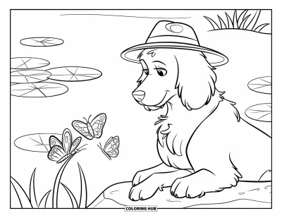Desen de colorat cu Labradoodle pentru copii: Labradoodle cu pălărie privind fluturii lângă un lac