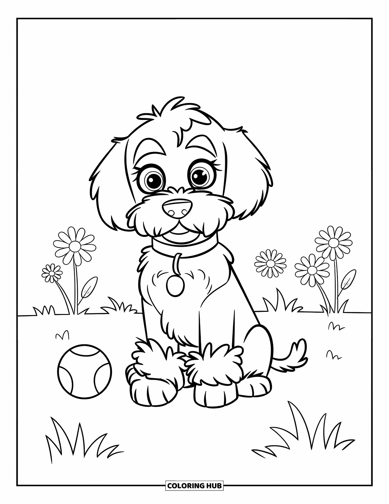 Labradoodle Coloring Page for Kids: Labradoodle with big eyes sitting in grass with a ball