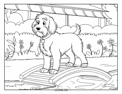 Desen de colorat cu Labradoodle pentru copii: Labradoodle cu urechi lungi pe un pod lângă flori și apă