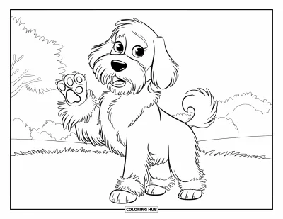 Desen de colorat cu Labradoodle pentru copii: Labradoodle jucăuș cu laba ridicată pe un câmp cu iarbă