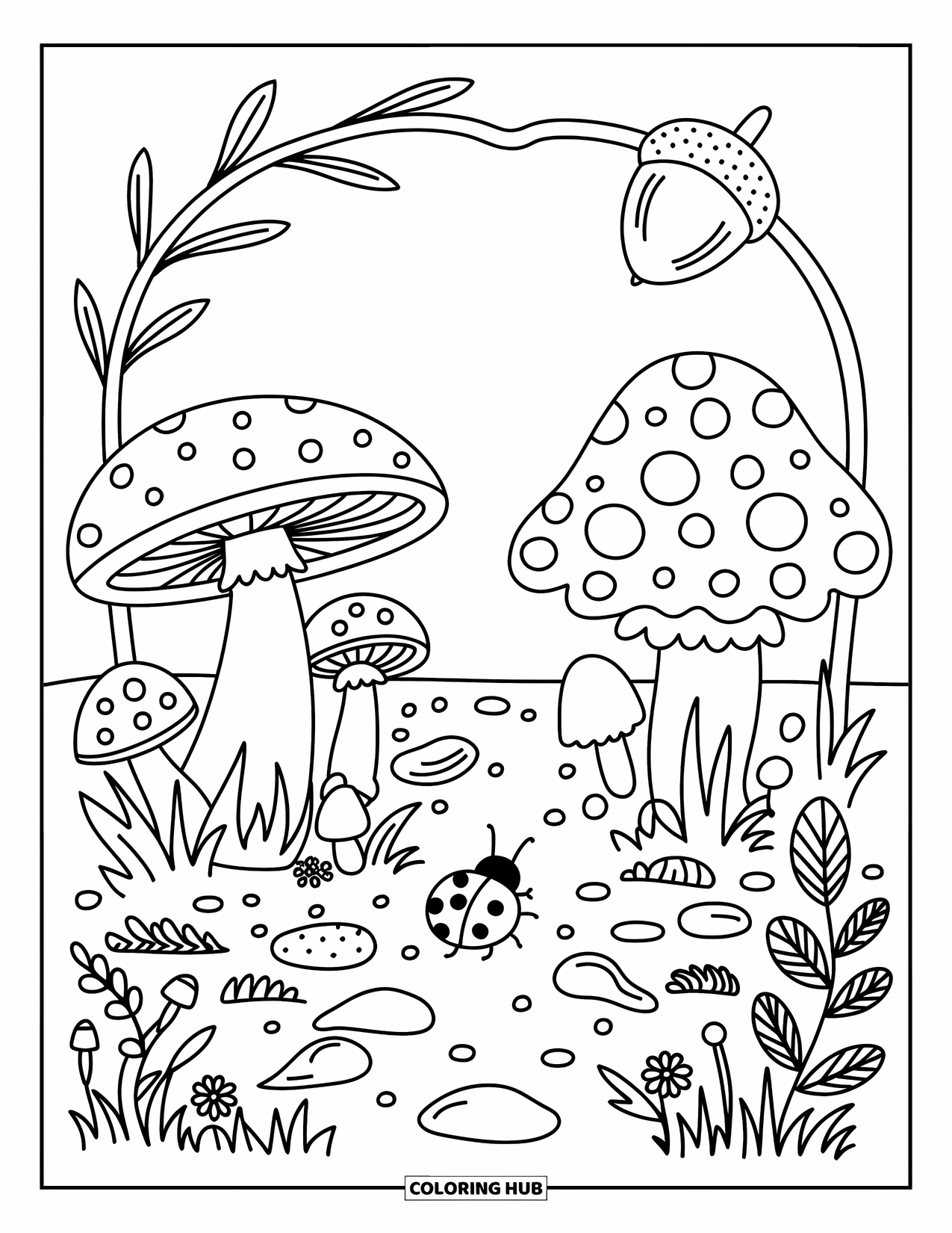 Lady Bug Coloring Page for Adults: A ladybug strolls through mushrooms and leaves beneath a whimsical acorn-twig archway