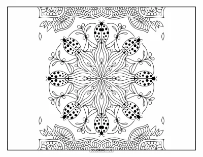 Lady Bug Coloring Page for Adults: A symmetrical mandala of ladybugs and vines creates a relaxing, detailed pattern