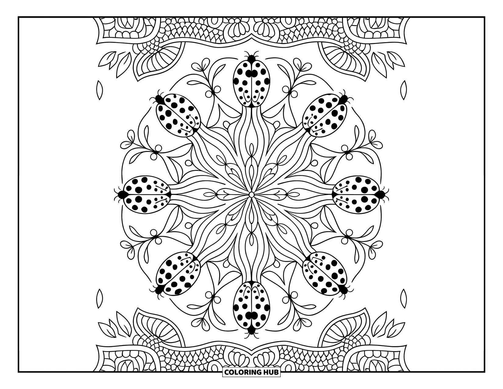 Lady Bug Coloring Page for Adults: A symmetrical mandala of ladybugs and vines creates a relaxing, detailed pattern