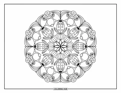 Lady Bug Coloring Page for Adults: Intricate ladybugs and vines weave into a symmetrical mandala design