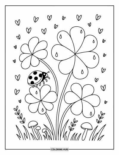 Lady Bug Coloring Page for Adults: Ladybug balances on dewy clover leaves with a sweet scattering of petals and grass