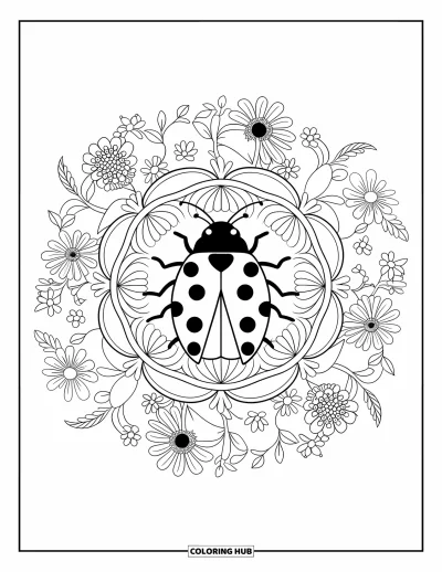 Lady Bug Coloring Page for Adults: Ladybug on a flower rests in the center of a circular floral mandala
