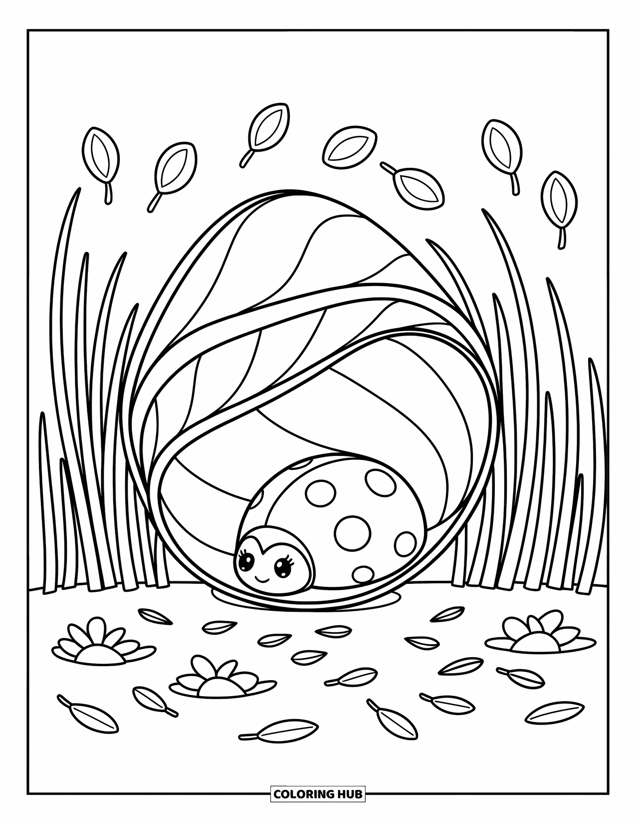 Lady Bug Coloring Page for Adults: Ladybug peeks out from under a leaf with tiny petals and cozy garden textures