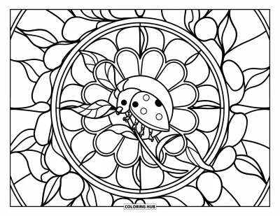 Lady Bug Coloring Page for Adults: Ladybug perches on a leaf at the center of a round stained glass design
