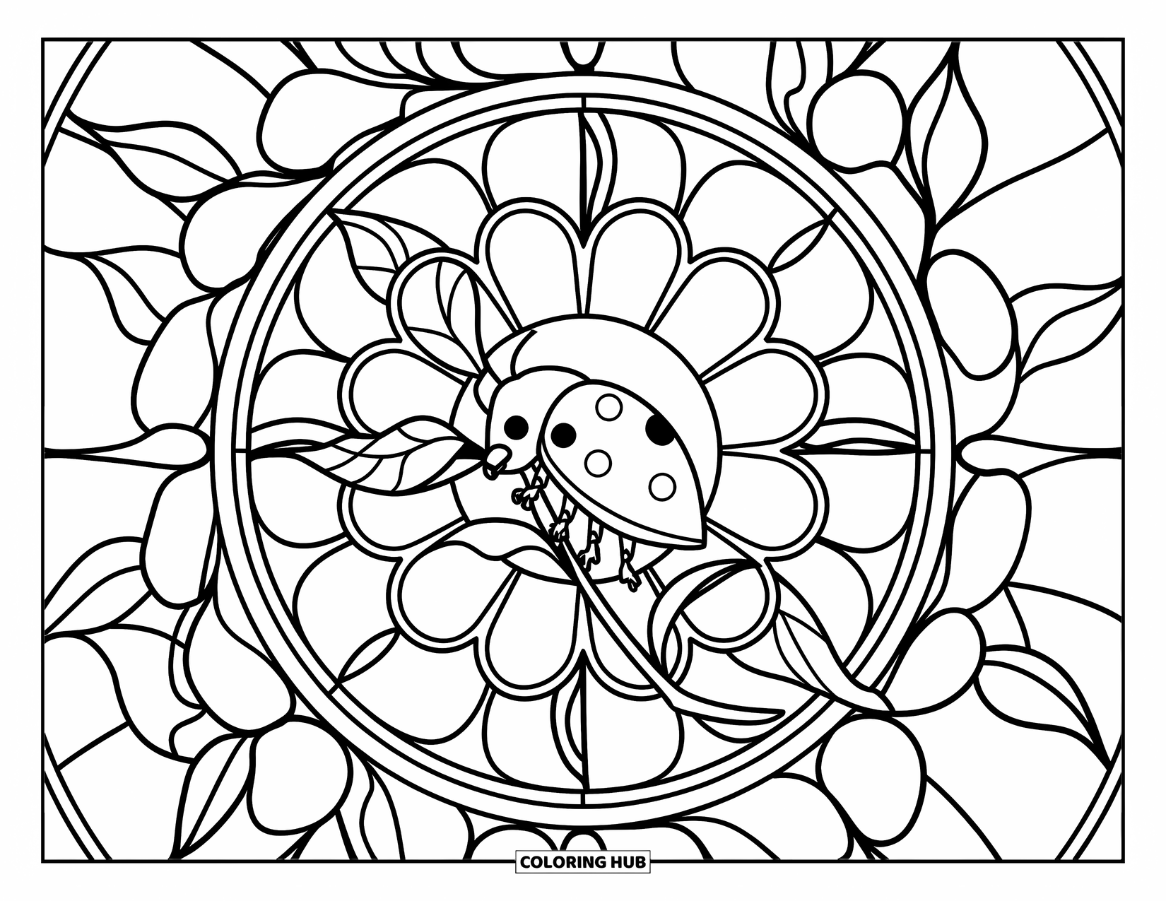 Lady Bug Coloring Page for Adults: Ladybug perches on a leaf at the center of a round stained glass design