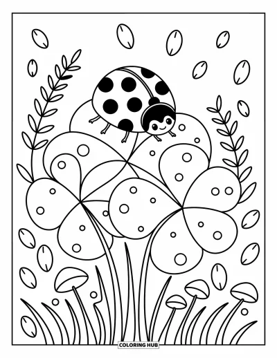 Lady Bug Coloring Page for Adults: Ladybug perches on clover leaves surrounded by mushrooms, petals, and gentle garden details
