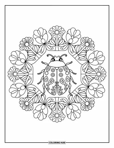 Lady Bug Coloring Page for Adults: Ladybug rests at the center of a botanical mandala filled with flowers