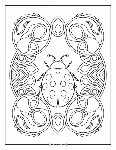 Lady Bug Coloring Page for Adults: Ladybug rests on a leaf in a floral layout filled with vines and swirling details