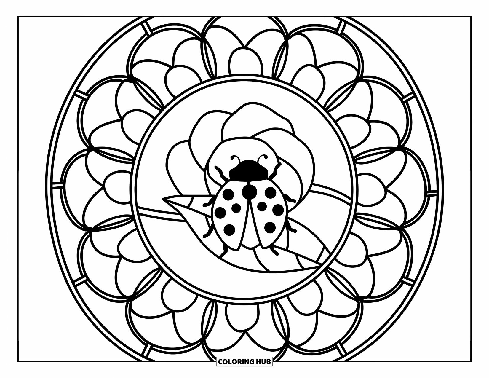 Lady Bug Coloring Page for Adults: Ladybug rests on a leaf in the center of a bold stained glass rose window