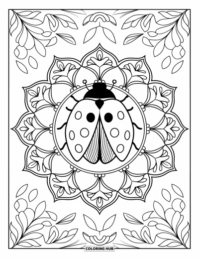 Lady Bug Coloring Page for Adults: Ladybug sits in a floral mandala full of vines and decorative elements