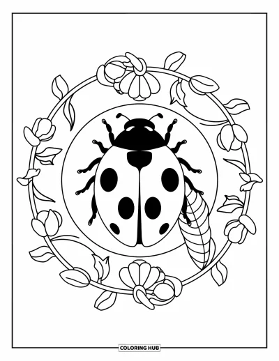 Lady Bug Coloring Page for Adults: Ladybug sits on a leaf with vines and petals arranged in a circular pattern