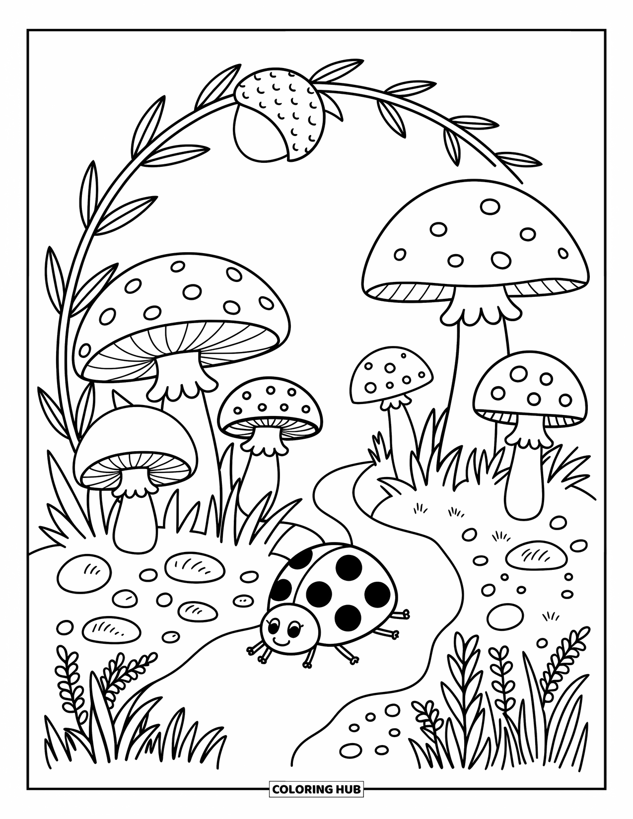 Lady Bug Coloring Page for Adults: Ladybug walks a forest floor with mushrooms, ferns, flowers, and fallen leaves