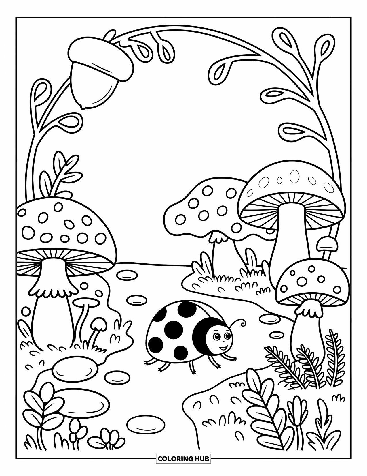 Lady Bug Coloring Page for Adults: Ladybug walks a mossy path below mushrooms, leaves, pebbles, and forest flowers
