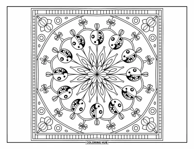 Lady Bug Coloring Page for Adults: Ladybugs and floral vines form a seamless mandala with a decorative border