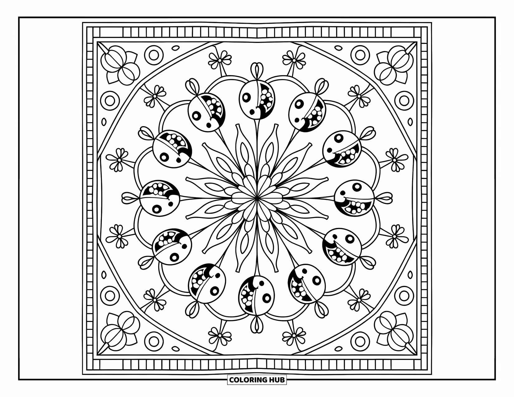 Lady Bug Coloring Page for Adults: Ladybugs and floral vines form a seamless mandala with a decorative border