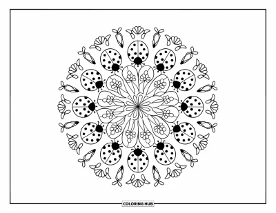 Lady Bug Coloring Page for Adults: Ladybugs and floral vines twist into a seamless, detailed mandala