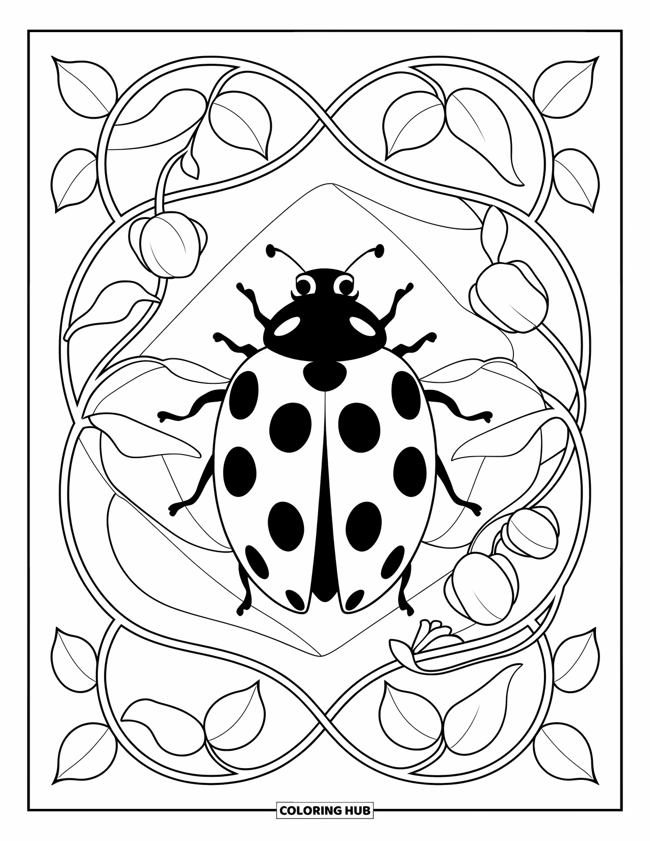 Lady Bug Coloring Page for Adults: Large ladybug is surrounded by circular vines and flower petals in a bold layout