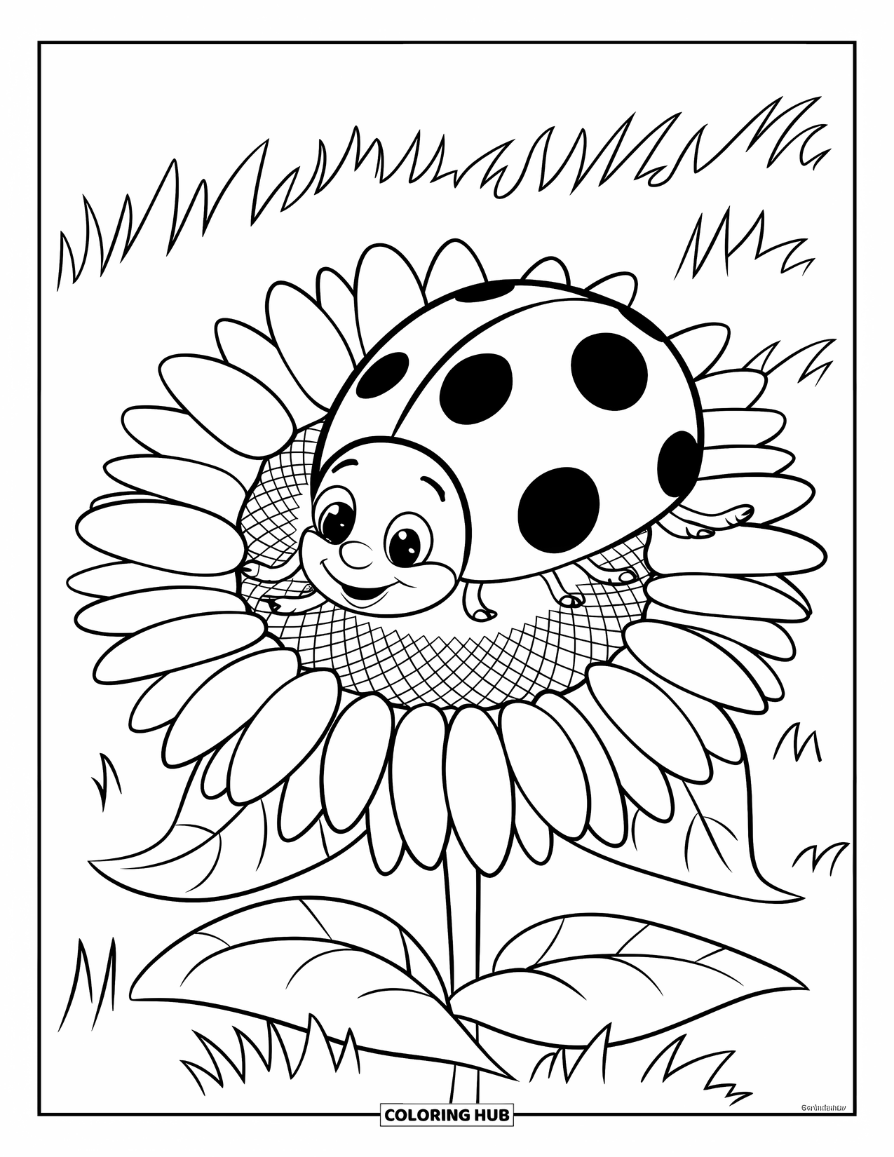 Lady Bug Coloring Page for Kids: A cartoon ladybug sits on a sunflower in a grassy field