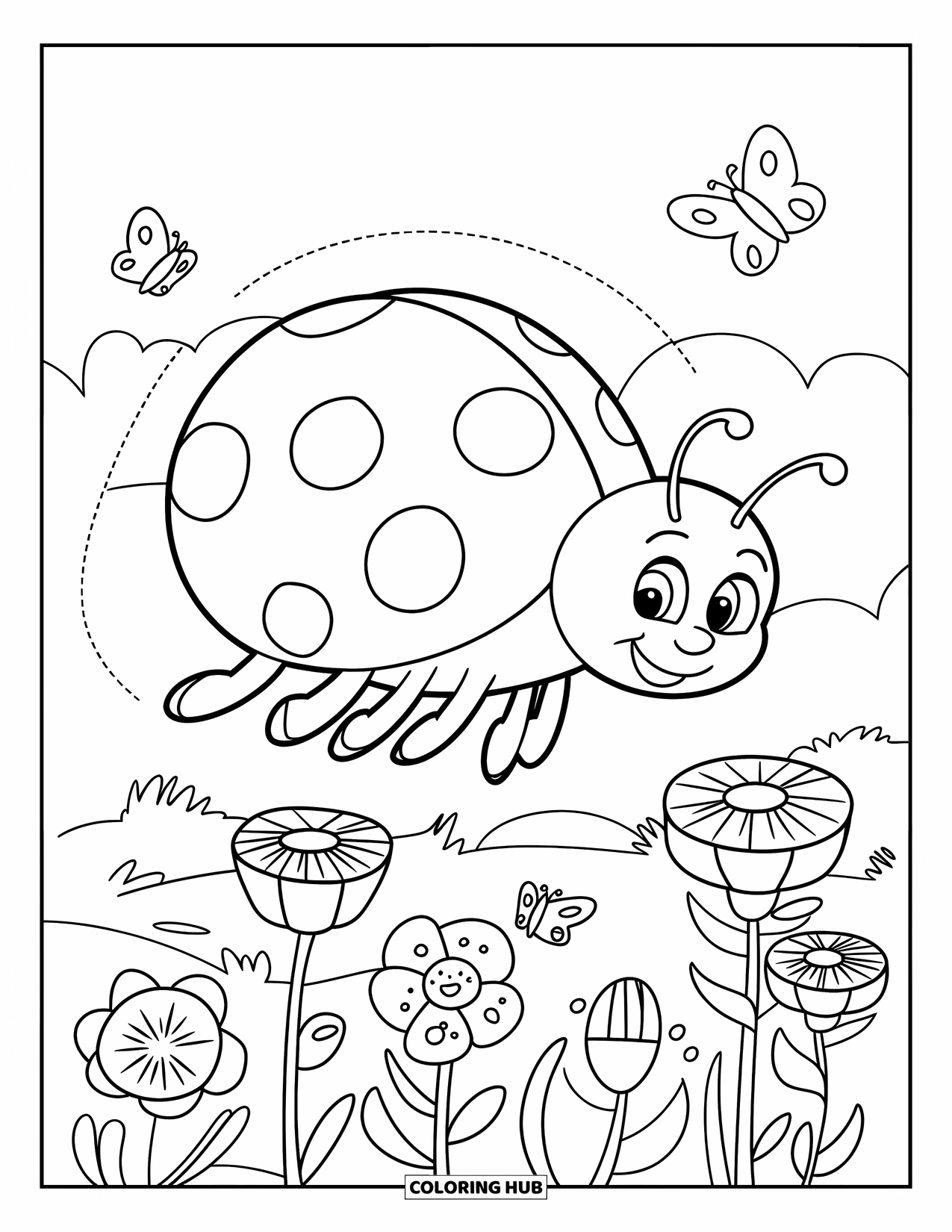 Lady Bug Coloring Page for Kids: A cheerful ladybug flies over a colorful garden with tiny butterflies nearby