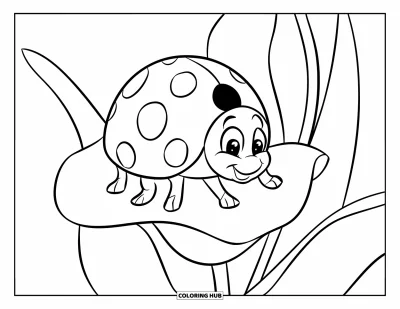 Lady Bug Coloring Page for Kids: A ladybug snuggles up on a simple tulip with thick lines