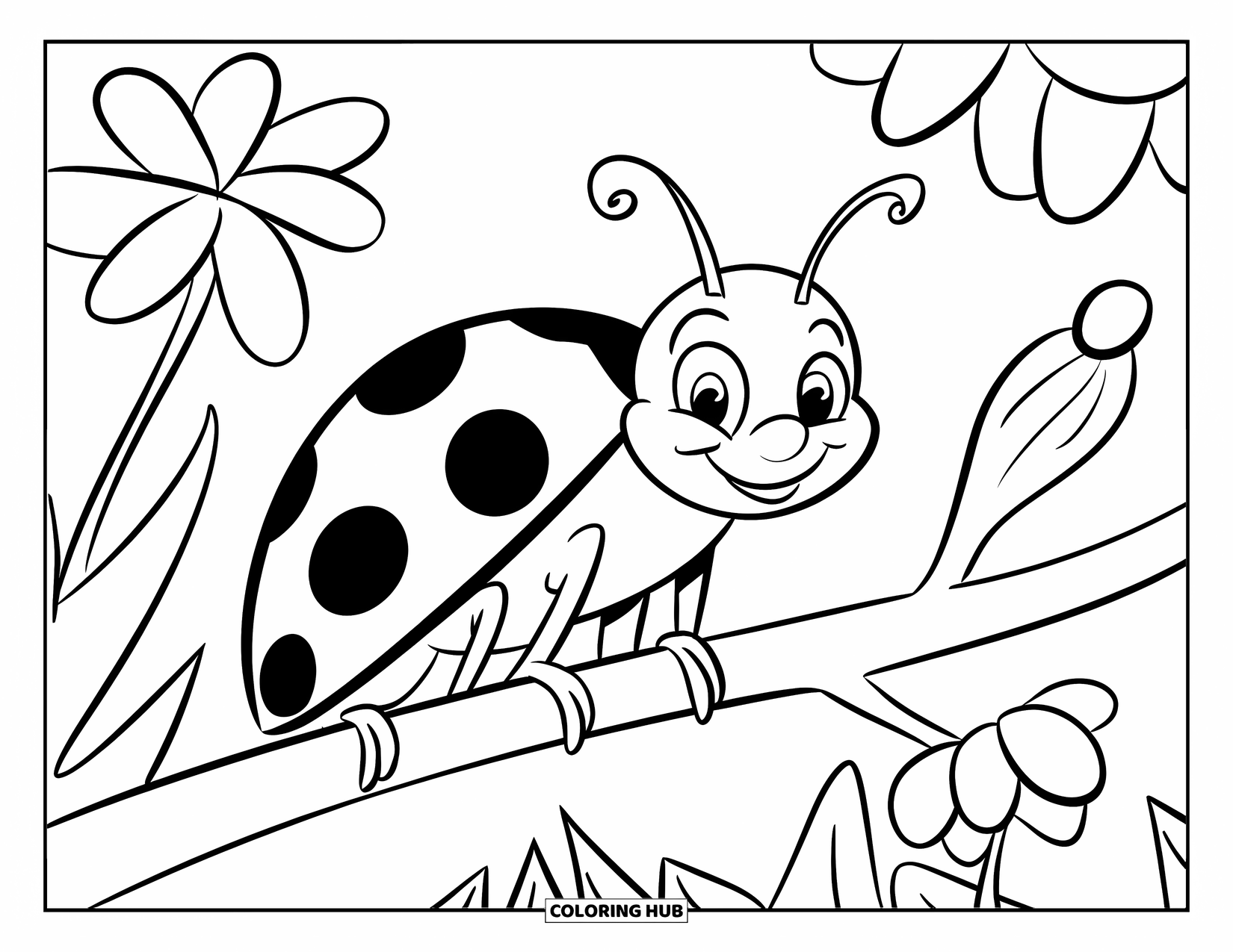 Lady Bug Coloring Page for Kids: Bold ladybug sits quietly on a branch with a nearby flower