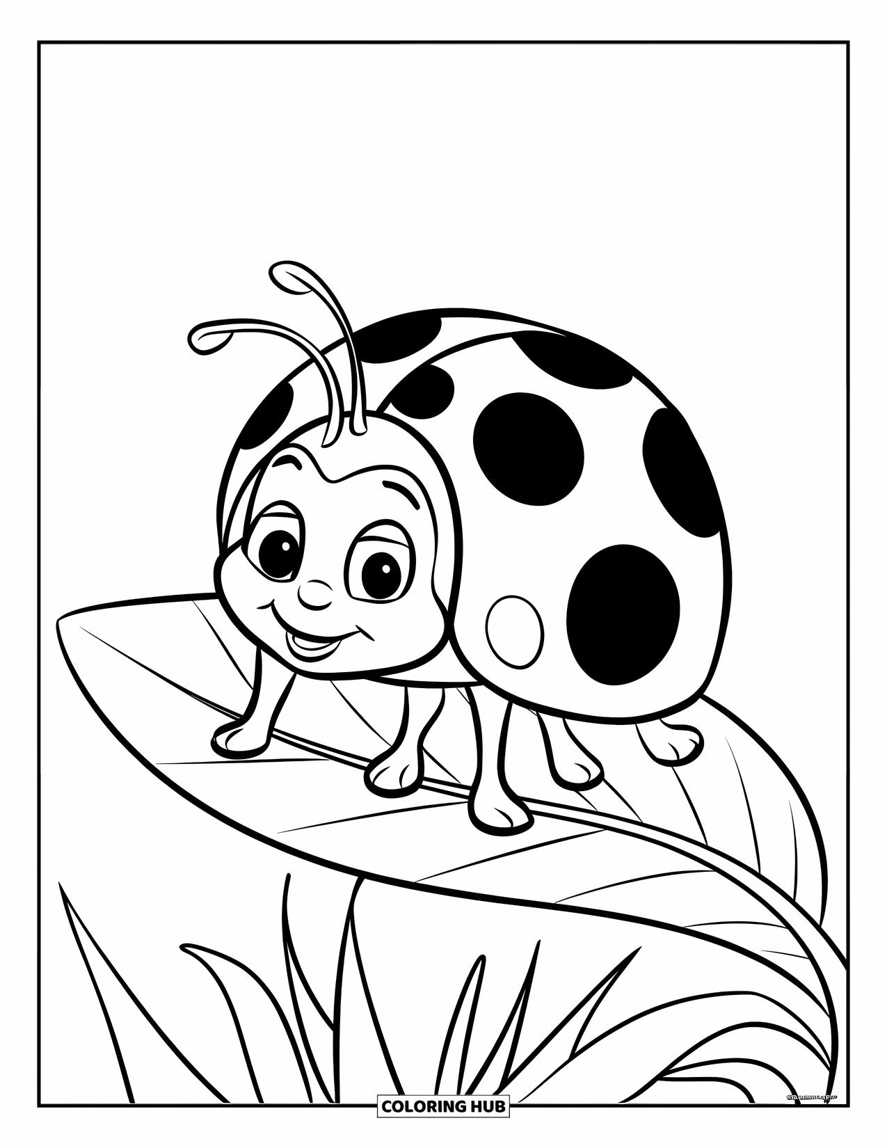 Lady Bug Coloring Page for Kids: Cute ladybug with red spots rests on a leafy stem