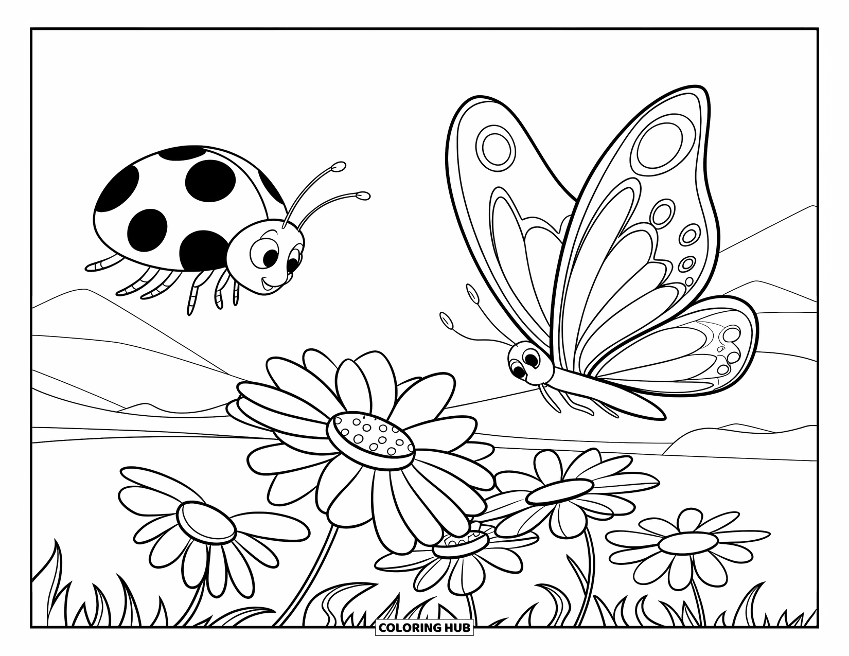 Lady Bug Coloring Page for Kids: Ladybug and butterfly fly together over a colorful flower garden
