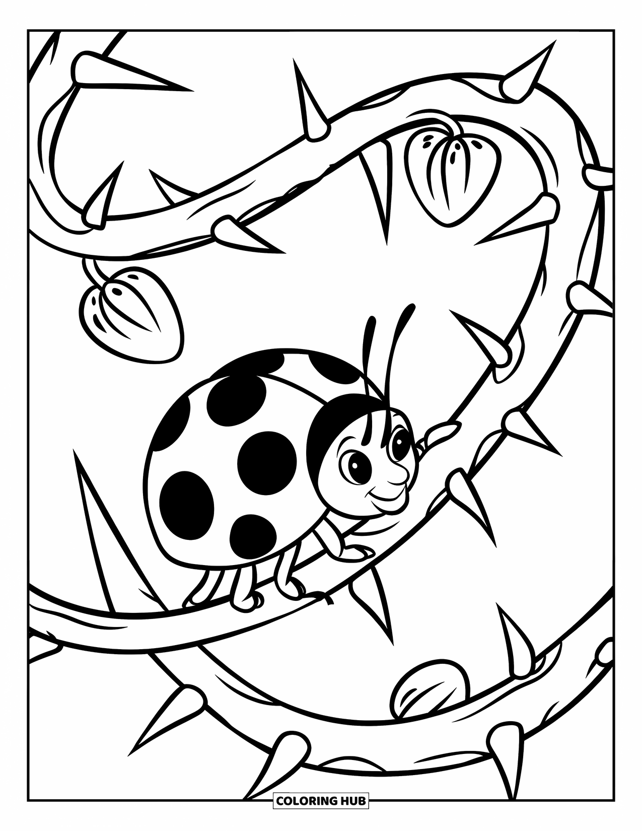 Lady Bug Coloring Page for Kids: Ladybug crawls a curled vine dotted with thorns and flower buds