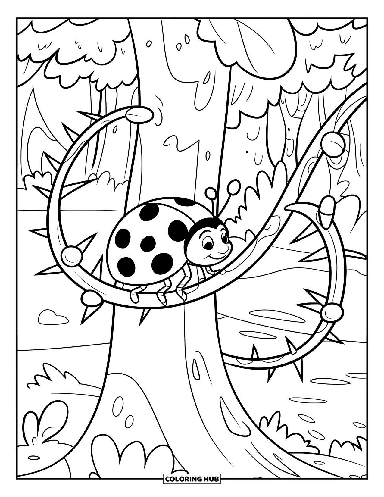 Lady Bug Coloring Page for Kids: Ladybug moves across a thorny vine wrapped around a tree