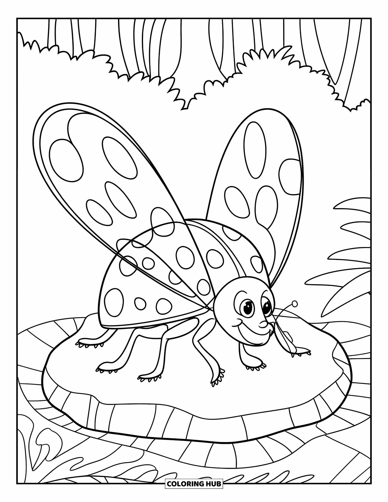Lady Bug Coloring Page for Kids: Ladybug opens its wings on a sunny rock in the forest