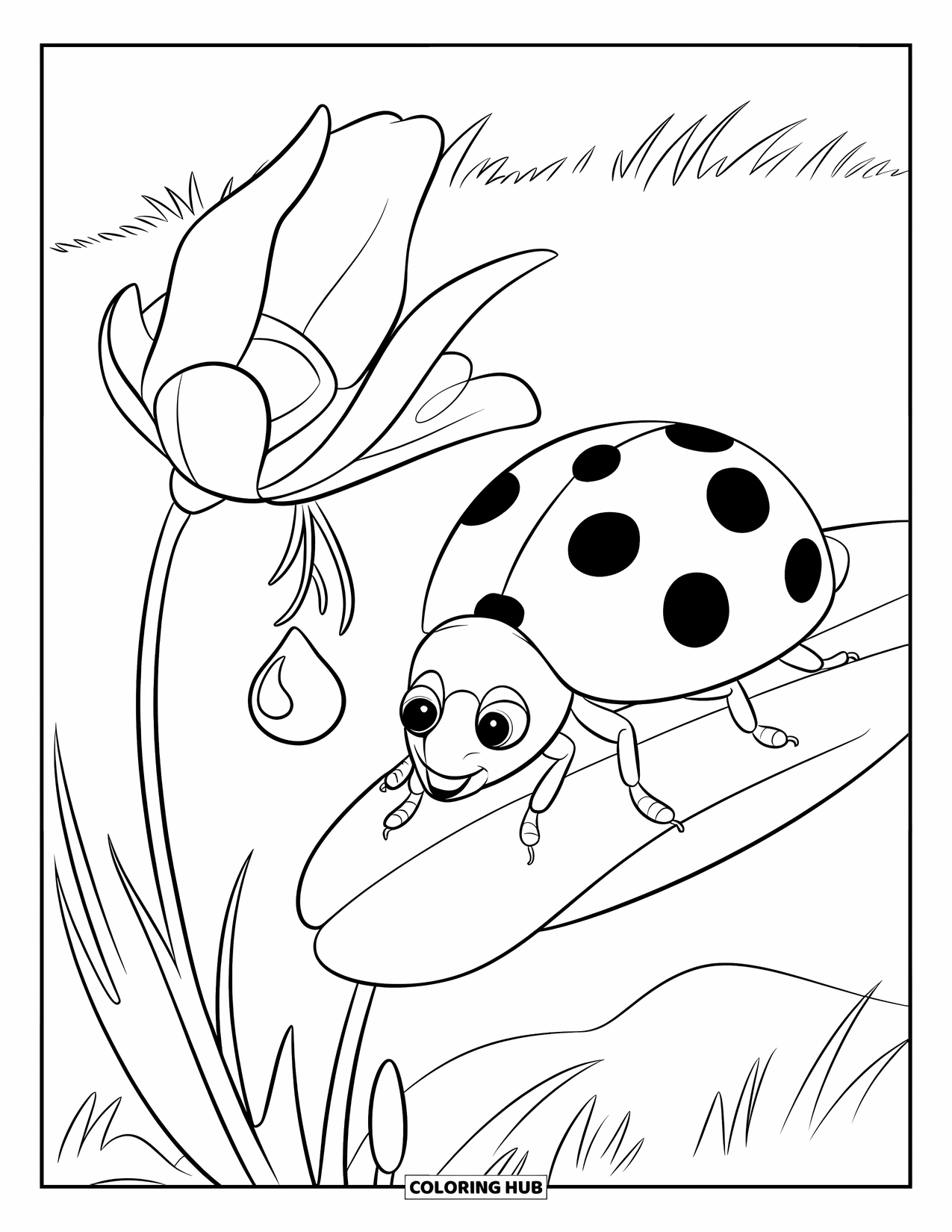 Lady Bug Coloring Page for Kids: Ladybug reaches for nectar on a blooming flower petal