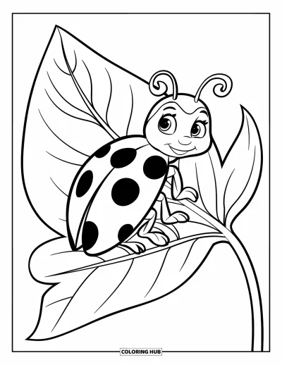 Lady Bug Coloring Page for Kids: Ladybug rests on a veined leaf with a gentle, playful vibe