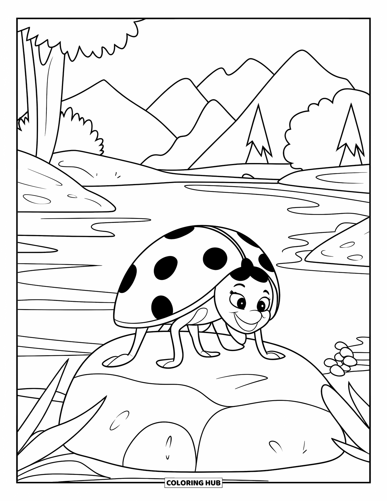 Lady Bug Coloring Page for Kids: Ladybug spreads its wings while resting on a warm rock