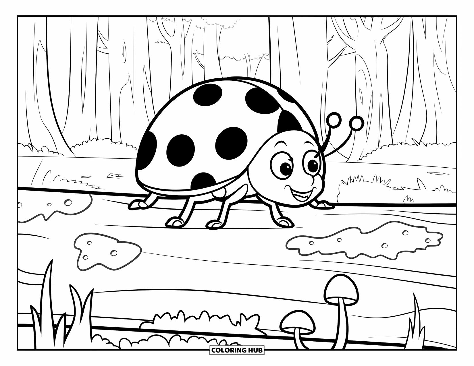 Lady Bug Coloring Page for Kids: Ladybug strolls on a log with mushrooms and tall forest trees around