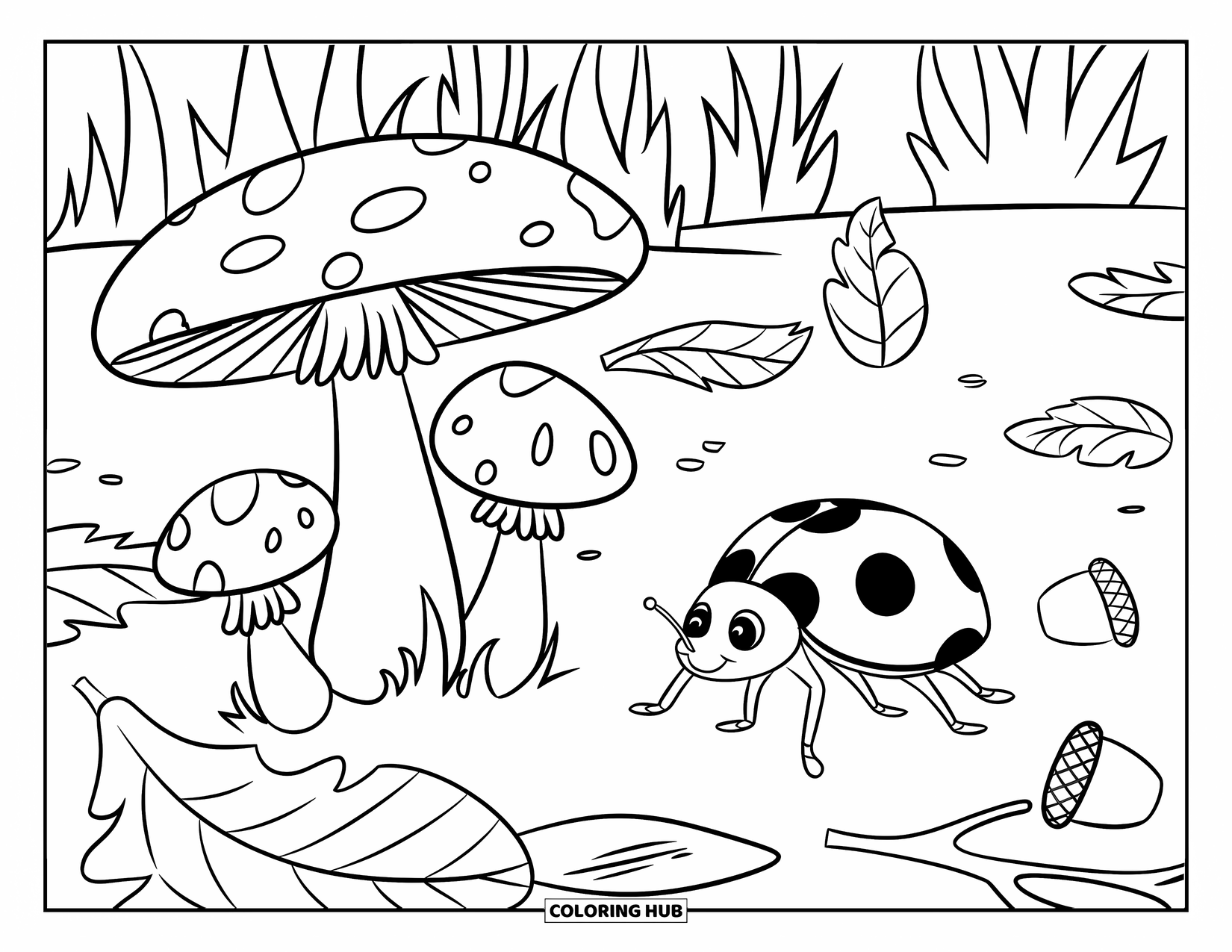 Lady Bug Coloring Page for Kids: Ladybug walks near mushrooms, leaves, acorns, and a little twig