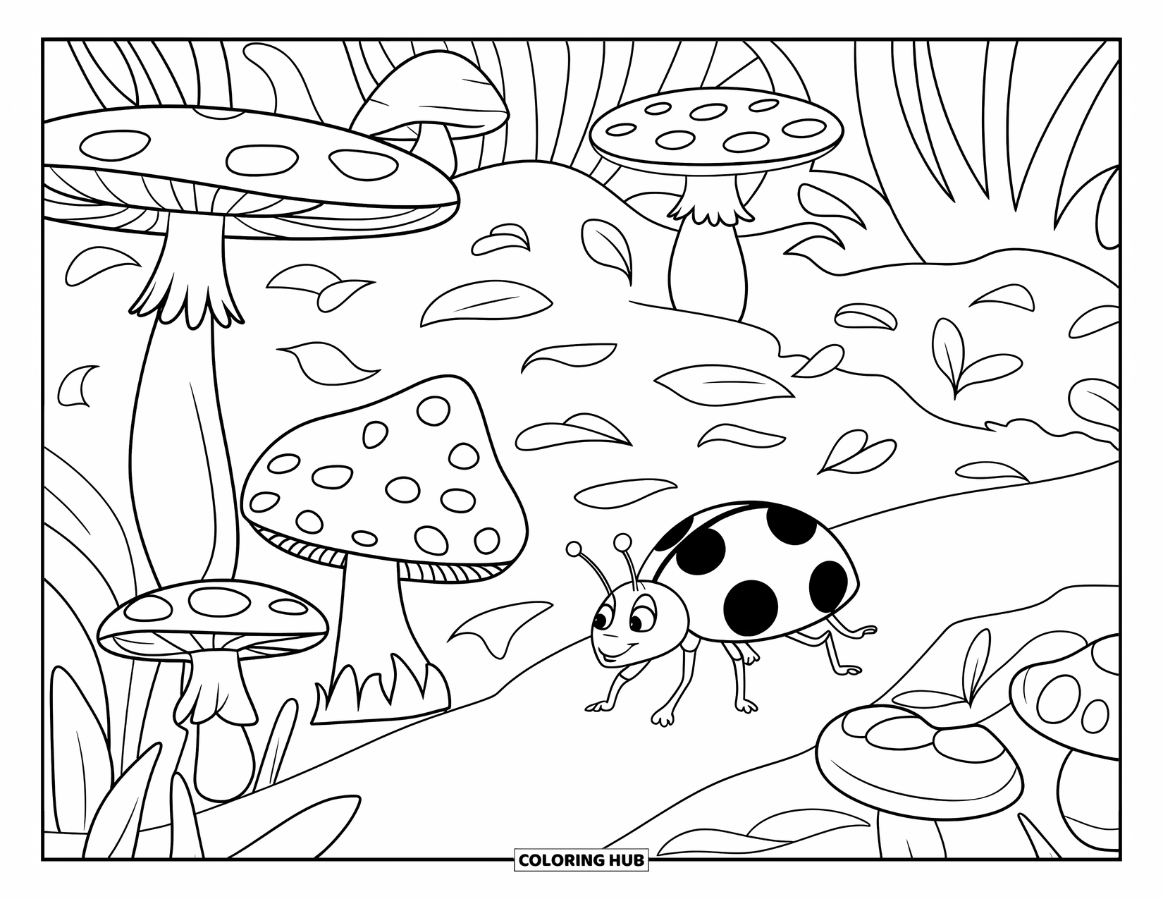 Lady Bug Coloring Page for Kids: Ladybug wanders through leaves and mushrooms along a narrow forest path