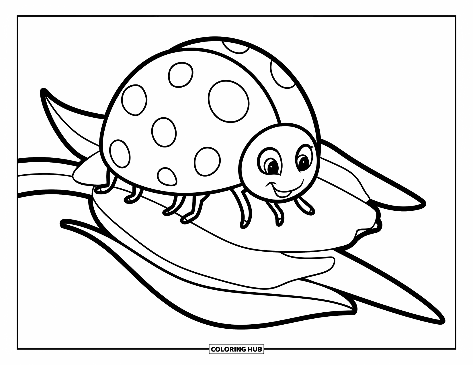 Lady Bug Coloring Page for Kids: Ladybug with six spots sits calmly on a thick tulip