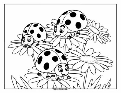 Lady Bug Coloring Page for Kids: Ladybugs lie, sit, and stand on blooming daisies with large petals