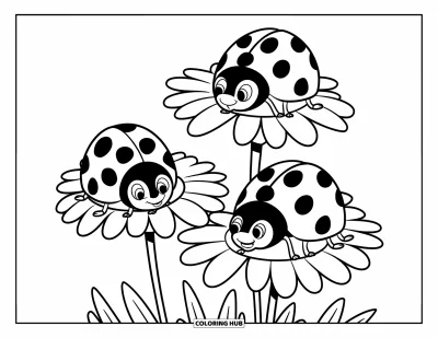 Lady Bug Coloring Page for Kids: Ladybugs sit, stand, and hover around a cluster of daisies