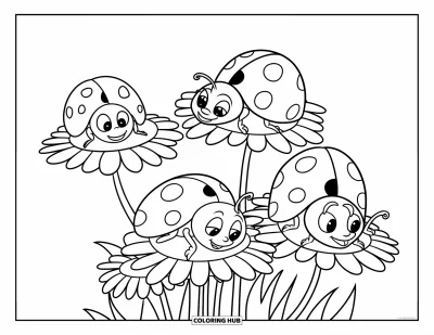 Lady Bug Coloring Page for Kids: Oversized ladybugs rest and play on round-petaled daisies