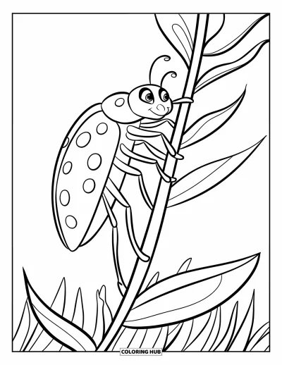 Lady Bug Coloring Page for Kids: Side view of a ladybug crawling up a leafy flower stem