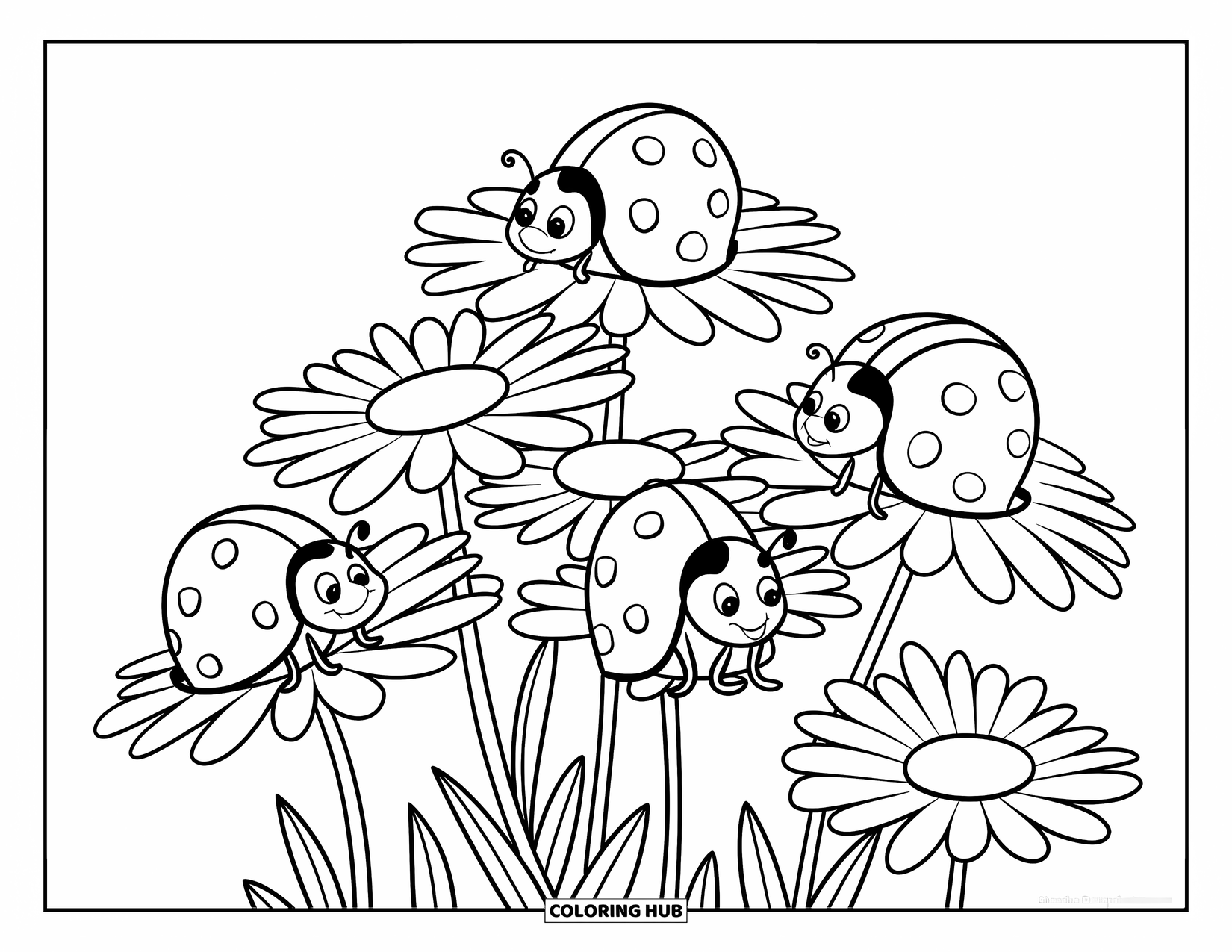 Lady Bug Coloring Page for Kids: Three ladybugs pose playfully on a bunch of cheerful daisies