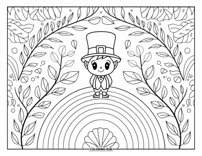 Yetişkinler için Leprekon Boyama Sayfası: Yapraklı desenlerin arasında gökkuşağı üzerinde duran chibi bir leprekon