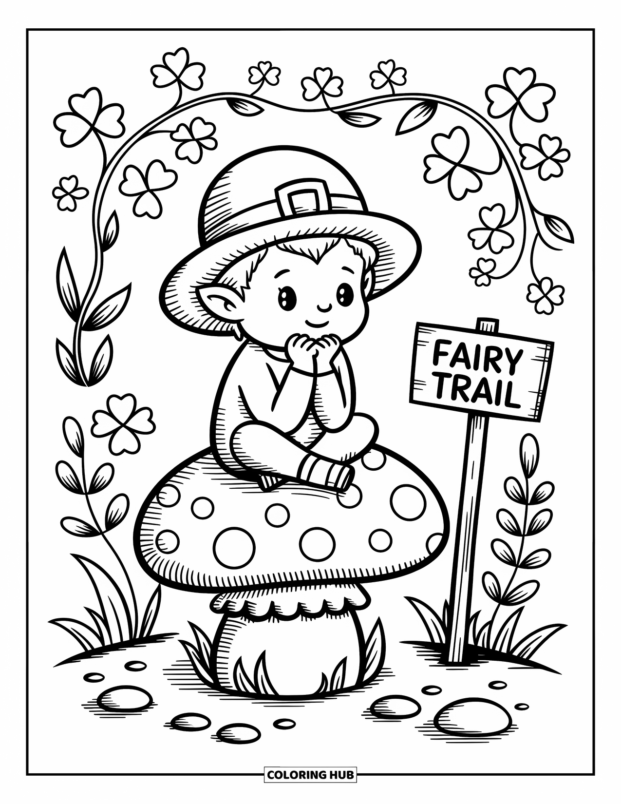 Leprechaun Coloring Page for Adults: A leprechaun daydreams while sitting on a large spotted toadstool