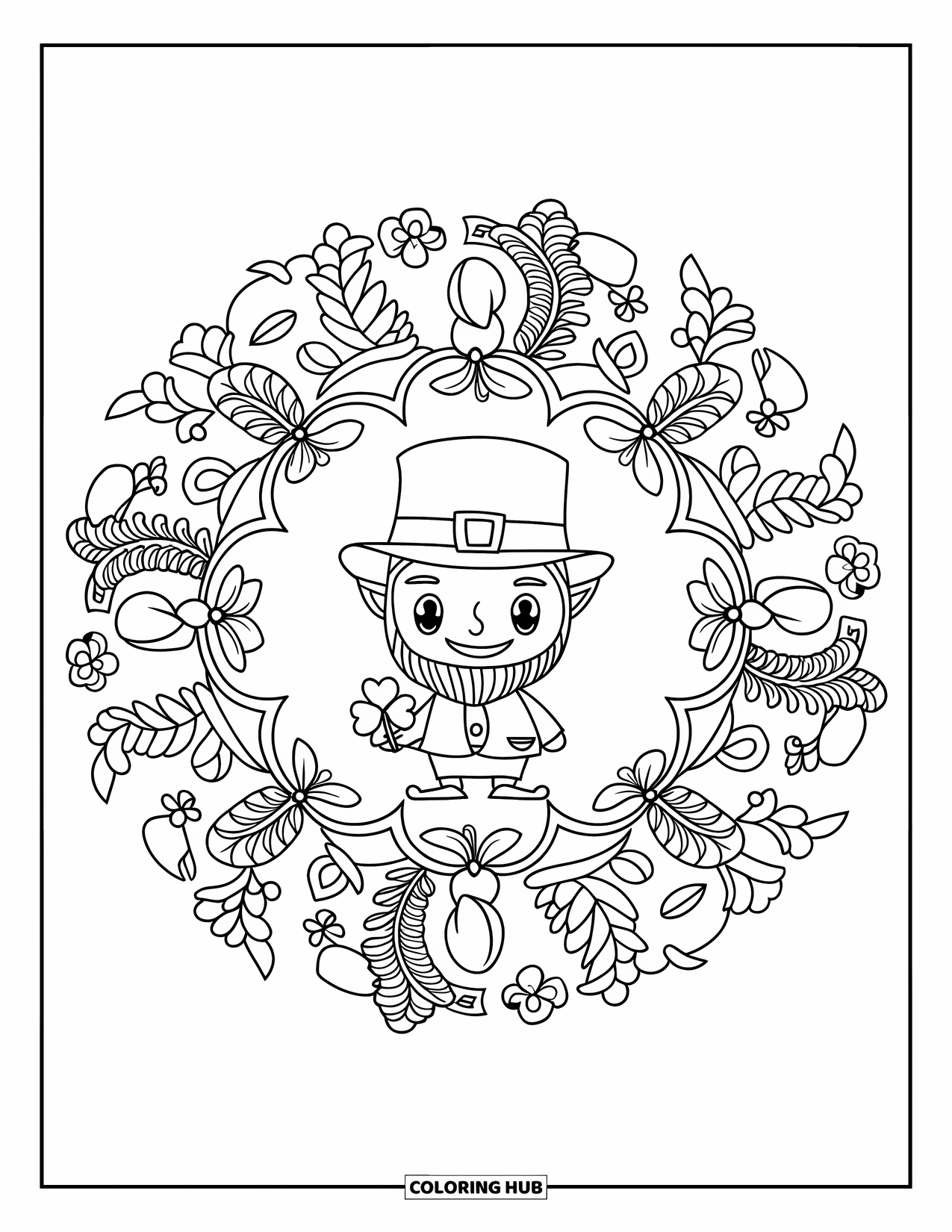 Leprechaun Coloring Page for Adults: A leprechaun holds a four-leaf clover framed by a leafy mandala